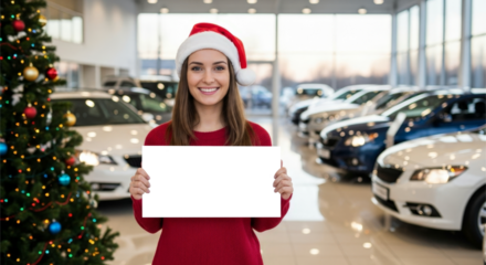 Smiling woman in Santa hat holding blank sign in showroom