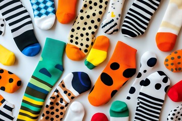 Neatly arranged pairs of socks featuring multiple colors and patterns