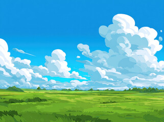 Fototapeta premium Vibrant green meadow stretches under bright blue sky filled with fluffy white clouds, creating serene and peaceful landscape. scene evokes sense of tranquility and natural beauty