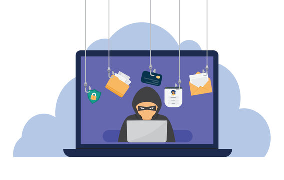 Phishing scam concept. Fraud protection, password steal, data phishing. Hacker, scammer trying to steal confidential data