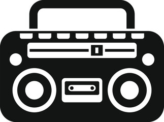 Black and white illustration of a portable cassette player playing music, featuring a radio tuner and prominent speakers