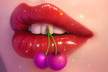 "Glossy Red Lips with Purple Cherries &ndash; 3D Pop Art Icon for Fashion, Temptation, and Glamour Themes"
