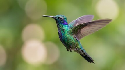 Iridescent Green Hummingbird Suspended Mid Air with Delicate Wings and Soft Bokeh Background