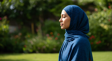 Peaceful Woman in Blue Hijab Meditating Outdoors in a Serene Garden, Eyes Closed for Mindfulness and Relaxation.
