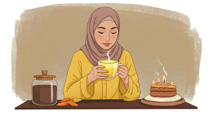 Cozy illustration of a Muslim woman in hijab enjoying a warm drink with a small cake and carrots. Relaxation concept.