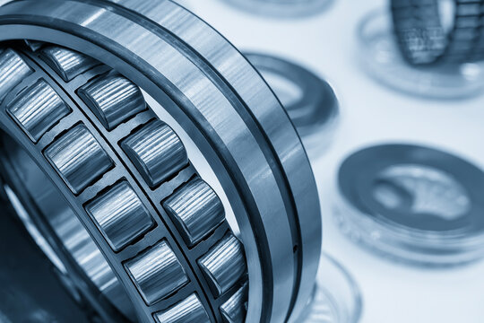 Close up scene the conical cylindrical bearing in the light blue scene with light effect.