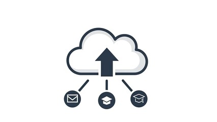 Cloud upload icon with email and graduation cap symbols, digital data concept