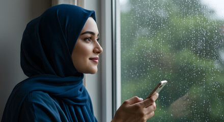 Smiling Muslim woman in hijab looks out a rainy window, holding a smartphone