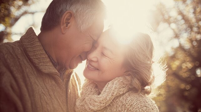 An elderly couple embracing in a park with a sun flare in the background.
