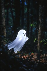 Friendly glowing ghost floating in a dark, misty forest at night