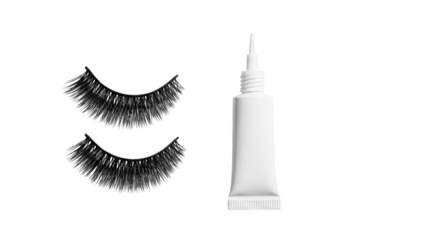 False eyelashes and white glue tube on black background