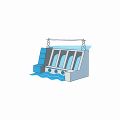 Obraz premium Flat vector illustration of a hydroelectric power plant dam.
