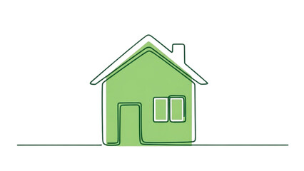 Fototapeta premium Simple green house illustration with a door and window outlined in white on a plain background