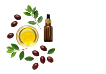 Small, elegant clear glass bowl with golden jojoba oil, amber dropper bottle, brown nuts, green leaves, flat lay on white, copy space right. Concept of organic skincare and clean beauty