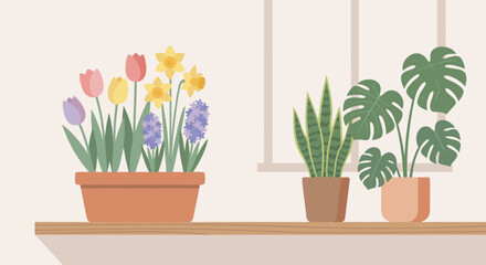 Fototapeta premium Potted Plants on Shelf Interior Illustration