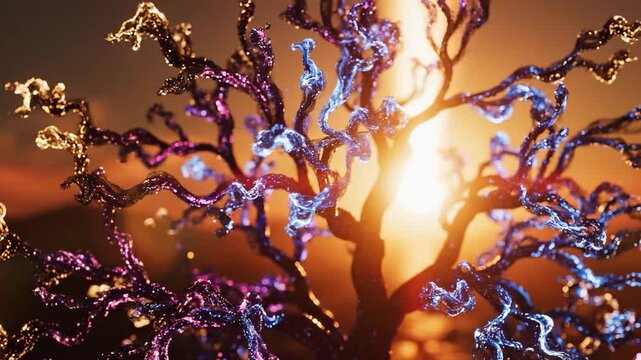 The intricate tree sculpture glimmers against a vibrant sunset, with twisting branches reflecting light beautifully. The tree and sunset create a captivating scene filled with warmth.