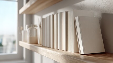 Clean lines and soft light: orderly white book collection on a shelf
