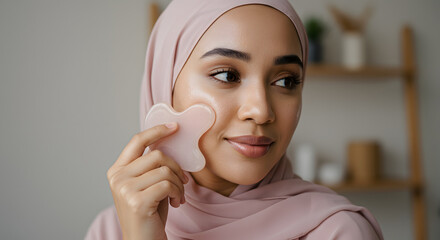 Young woman in hijab uses gua sha tool for glowing skin, promoting beauty, wellness, and self-care routine