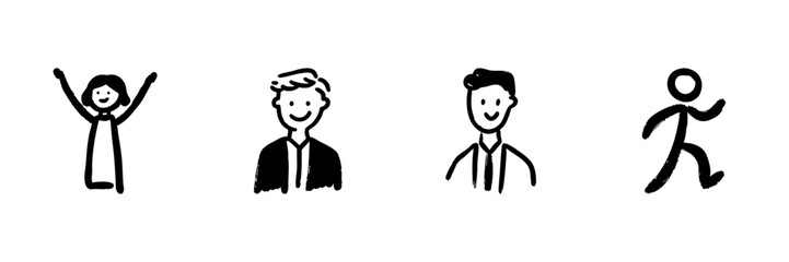 Happy People And Walking Figure Line Icon Set In Doodle Style. Human Emotions, Professional Attire, And Movement Outline Sketch Collection. Hand Drawn Isolated Vector Illustration