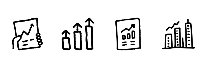 Financial Growth And Analysis Line Icon Set In Doodle Style. Business Performance, Market Trends, And Economic Progress Outline Sketch Collection. Hand Drawn Isolated Vector Illustration