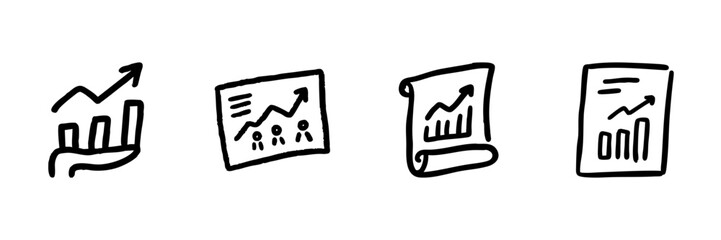 Hand-Drawn Business Growth And Analytics Line Icon Set In Doodle Style. Financial Progress, Data Analysis, And Market Trends Outline Sketch Collection. Hand Drawn Isolated Vector Illustration
