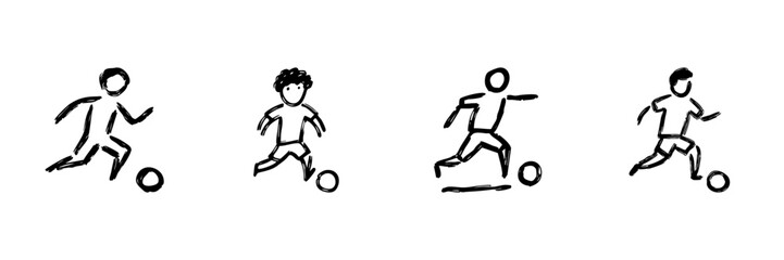 Soccer Players Dribbling Line Icon Set In Doodle Style. Football Action, Team Sport, And Athletic Movement Outline Sketch Collection. Hand Drawn Isolated Vector Illustration