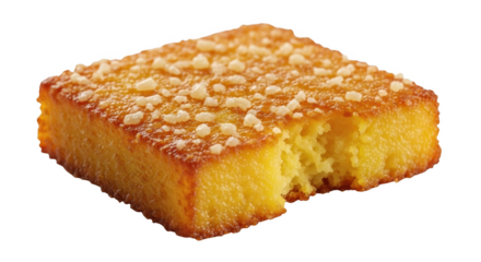 Golden yellow cake slice with white sugar crystals