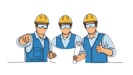 Three workers in hard hats examining a blueprint together in a construction site setting