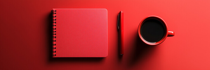 A red notepad sits beside a red pen and a red cup filled with black coffee on a red table Generative AI