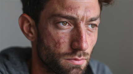 Fototapeta premium Close up portrait of man with post acne marks and uneven skin texture looking thoughtful with brown eyes and facial hair in natural light