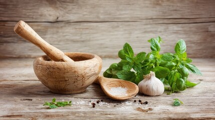 A wooden mortar and pestle with fresh herbs and garlic on a rustic wooden table.