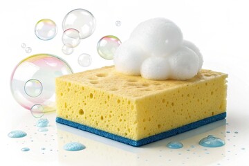 Realistic yellow sponge with colorful soapy bubbles