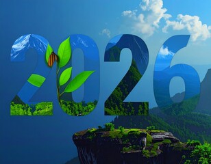 2026 vision: a hopeful landscape blends mountains, forests, and a sprouting plant symbolizing growth and a bright future. A butterfly rests.