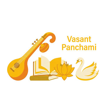Vasant panchami holiday celebration concept with yellow veena saraswati idol symbols on transparent background flat