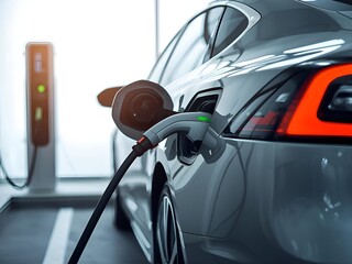 Electric car charging at modern station with green light indicator