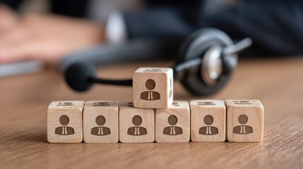 A wooden block with a person icon on it, stacked on top of other wooden blocks with a headset in the background.