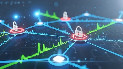 Cybersecurity network protection with padlocks and data graphs