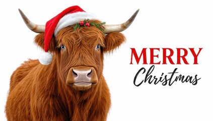 Festive Highland Cow Portrait: Merry Christmas greeting card design featuring a fluffy Scottish cattle wearing a Santa hat and wreath, isolated on white. Holiday livestock.