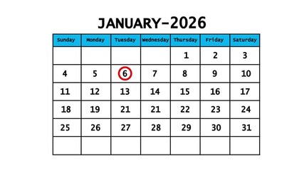 The calendar of January month 6th day is red circled, looped animation. A very important date in the calendar. Signing a day on a calendar. white background
