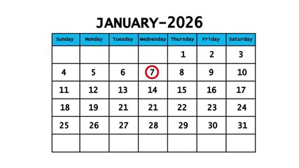 The calendar of January month 7th day is red circled, looped animation. A very important date in the calendar. Signing a day on a calendar. white background
