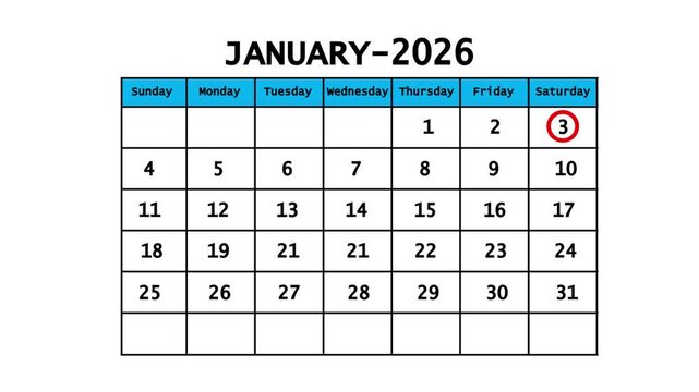 The calendar of January month 3th day is red circled, looped animation. A very important date in the calendar. Signing a day on a calendar. white background
