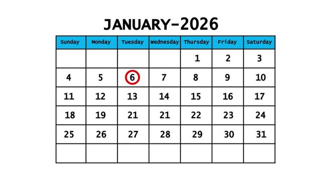 The calendar of January month 6th day is red circled, looped animation. A very important date in the calendar. Signing a day on a calendar. white background
