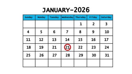 The calendar of January month 21th day is red circled, looped animation. A very important date in the calendar. Signing a day on a calendar. white background

