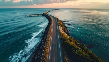 Obraz premium Scenic Coastal Road and Pier Stretching into the Ocean at Sunset.