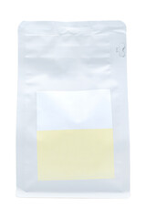 vertical view of sealed packages for bulk products with empty labels on them, for 250 grams on a white background, isolated