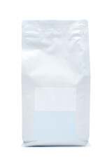 vertical view of sealed packages for bulk products with empty labels on them, for 500 grams, on a white background, isolated