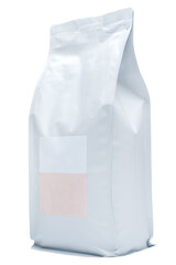 vertical view of sealed packages for bulk products with empty labels on them, for 1 kilogram, or 1000 gram, on a white background, isolated