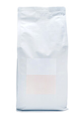 vertical view of sealed packages for bulk products with empty labels on them, for 1 kilogram, or 1000 gram, on a white background, isolated