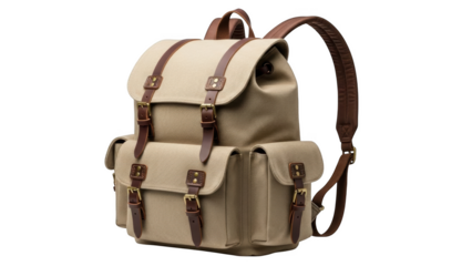 Tan canvas backpack with brown leather straps and buckles