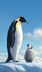 Fototapeta premium Emperor penguin adult and chick standing together against a blue sky background